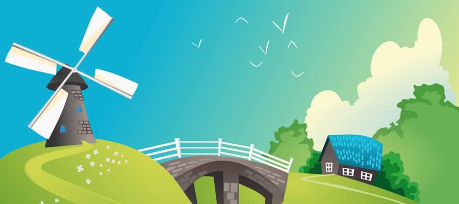 A mill, bridge and house in the meadows.